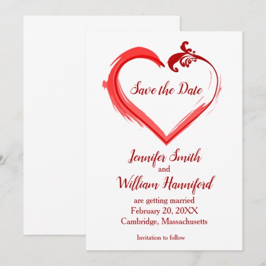 Rode Swoosh Hart Bruiloft Save the Date Kaarten (Voorkant / Achterkant)