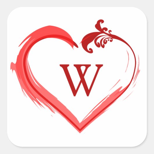 Rode swoosh-hartstickers met monograminitiaal vierkante sticker (Voorkant)