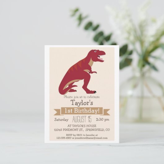 Rode T-Rex Dinosaur Kind verjaardagsfeestje uitnod Uitnodiging Briefkaart (Staand voorkant)