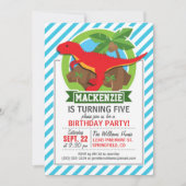 Rode T-Rex dinosaurus; Blauwe & Witte Strepen Kaart (Voorkant)