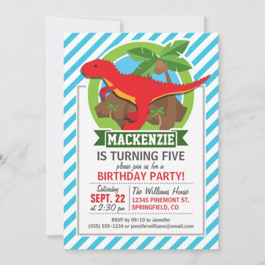 Rode T-Rex dinosaurus; Blauwe & Witte Strepen Kaart (Voorkant)