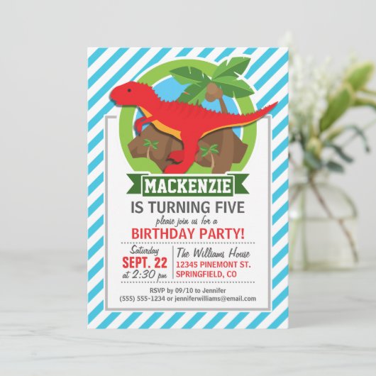 Rode T-Rex dinosaurus; Blauwe & Witte Strepen Kaart (Staand voorkant)