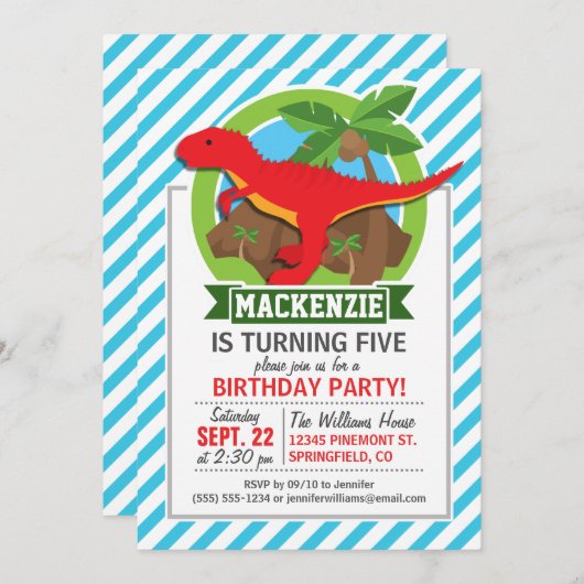 Rode T-Rex dinosaurus; Blauwe & Witte Strepen Kaart (Voorkant / Achterkant)