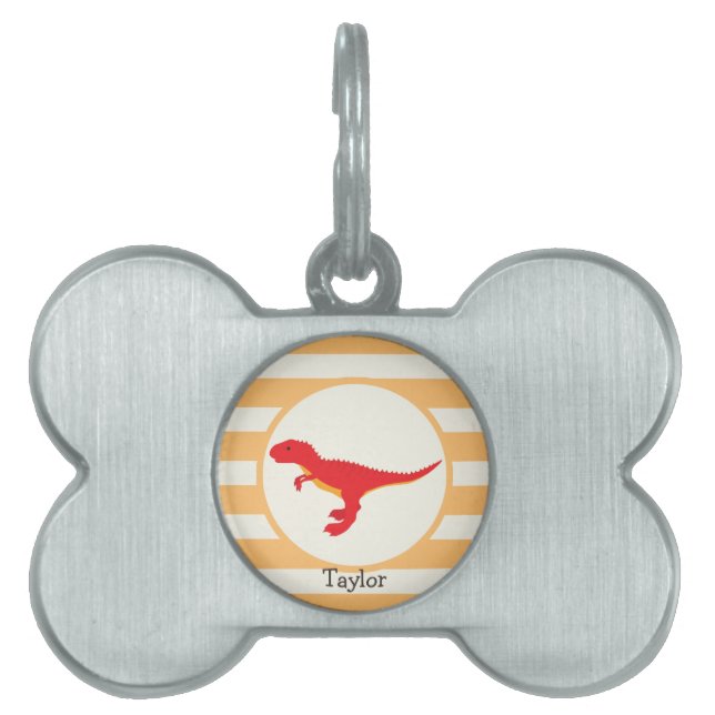 Rode T-Rex dinosaurus; Oranje strepen Huisdieren Naamplaatje (voorkant)