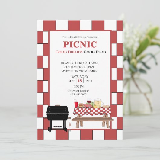 Rode tafelkleed picknick BBQ buiten grill   Kaart (Staand voorkant)