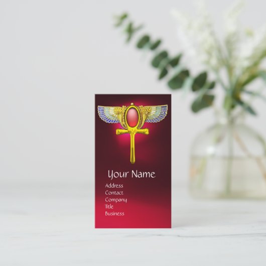 RODE TALISMAN/ EGYPTIAN WINGANKH MET CORNUCOPIA VISITEKAARTJE (Staand voorkant)