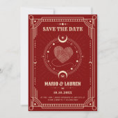Rode tarot boho mystieke maan romantiek trouwen save the date (Voorkant)