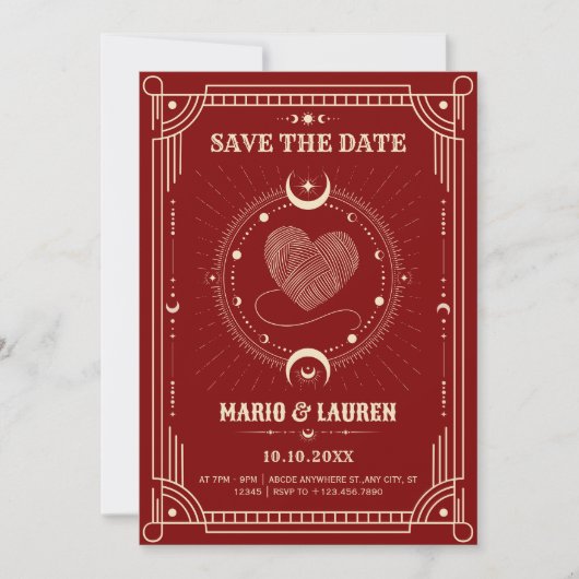 Rode tarot boho mystieke maan romantiek trouwjurk  save the date (Voorkant)