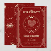 Rode tarot boho mystieke maan romantiek trouwjurk  save the date (Voorkant / Achterkant)