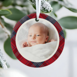 Rode Tartan Eerste Kerstmis Baby Foto Keramisch Ornament