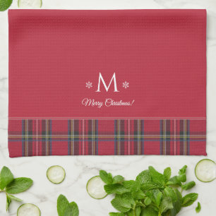 Rode Tartan gepersonaliseerd kerstmonogram Theedoek
