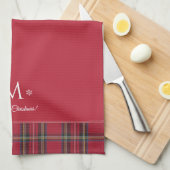 Rode Tartan gepersonaliseerd kerstmonogram Theedoek (Quarter Fold)