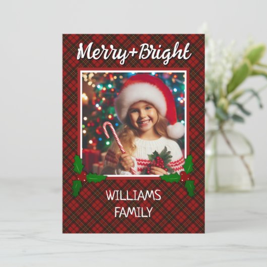 Rode tartan geruite aangepaste foto Kerstgroet Feestdagenkaart (Staand voorkant)