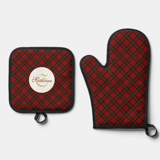 Rode tartan geruite winter elegant patroon Monogra Ovenwant & Pannenlap Set (Voorkant)
