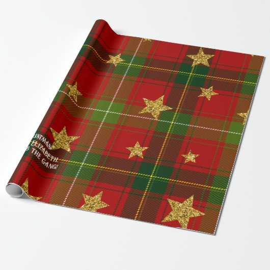 Rode Tartan Gouden Ster Gepersonaliseerde Kerstmis Cadeaupapier (Uitgerold)