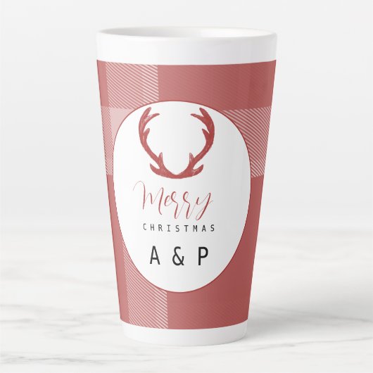 Rode Tartan Herten Geweien Monogram Latte Mok (Voorkant)