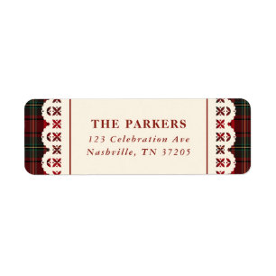 Rode Tartan Kantsteek Frame Kerstmis Etiket