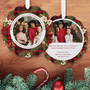 Rode Tartan Kerst Familie Foto Bloemensouvenir Ornament Kaart