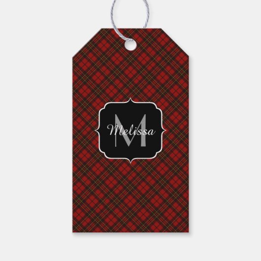 Rode tartan Kerstmis geruite winterpatroon Monogra Cadeaulabel (Voorkant)