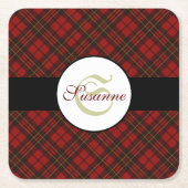 Rode tartan Kerstmis geruite winterpatroon Monogra Kartonnen Onderzetters (Voorkant)
