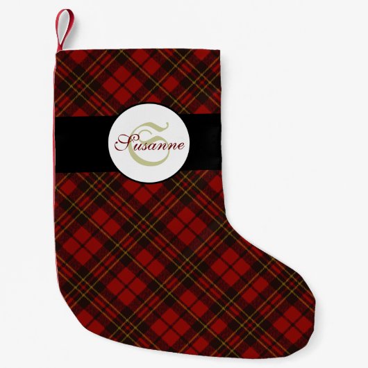 Rode tartan Kerstmis geruite winterpatroon Monogra Kleine Kerstsok (Voorkant)