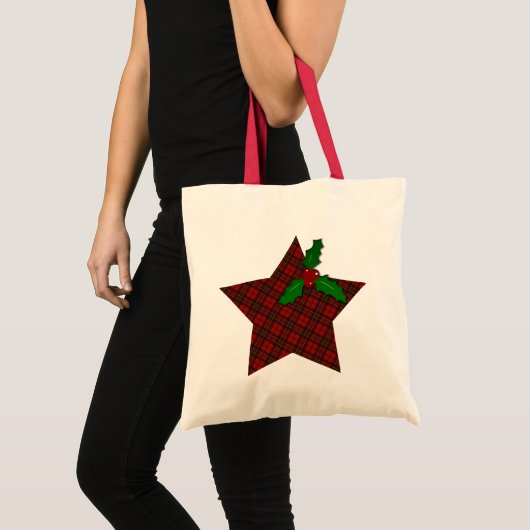 Rode tartan Kerstmis plaid winter Star Holly twijg Tote Bag (Voorkant (product))