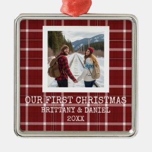 Rode Tartan Onze Eerste Kerstmis Metalen Ornament