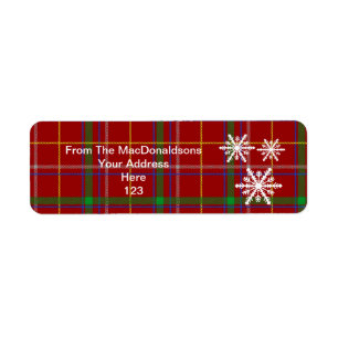 Rode tartan plaid en kerstsneeuwvlok etiket