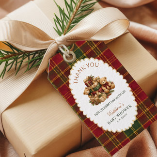Rode Tartan Plaid Kerst Teddybeer Bedankt Cadeaulabel