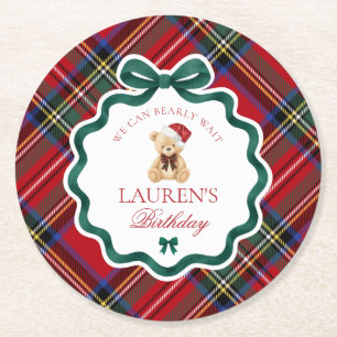 Rode Tartan Plaid Kerstbeer Verjaardagsfeestje Ronde Kartonnen Onderzetter