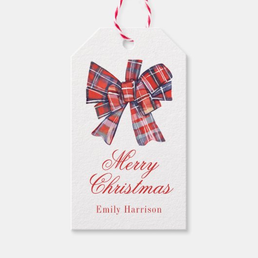 Rode Tartan Plaid Kerststrik Cadeaulabel (Voorkant)