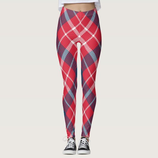 Rode Tartan Plaid Leggings – trendy geblokte broek (Voorkant)