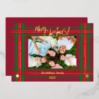 Rode Tartan Plaid Prettig Kerstmis - Sterren - Hor Folie Feestdagenkaart