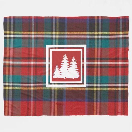 Rode Tartan Plaid & Witte Pine Tree Silhouet Fleece Deken (Voorkant (Horizontaal))