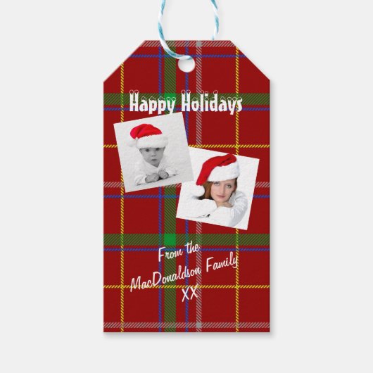 Rode tartan plaid Xmas feestdagen foto collage Cadeaulabel (Voorkant)