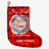 Rode Tartan Schattige Baby Foto Mijn Eerste Kerstm Kleine Kerstsok (Voorkant)