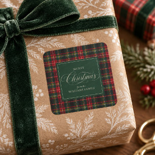 Rode Tartan Schotse Ruit Bosgroene Kerst Familie Vierkante Sticker