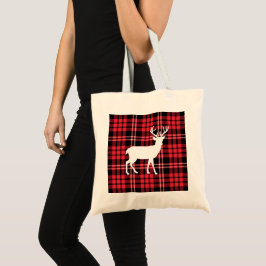 Rode Tartan Schotse Ruitpatroon Witte Kerst Herten Tote Bag