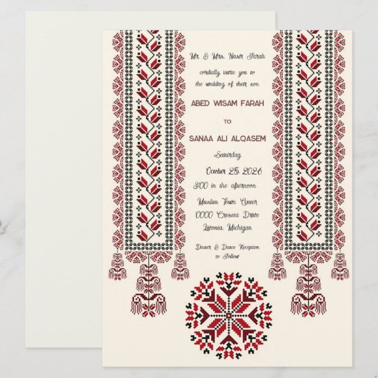 Rode Tatreez Motief Patroon 1Flat bruiloft uitnodi Kaart (Voorkant / Achterkant)