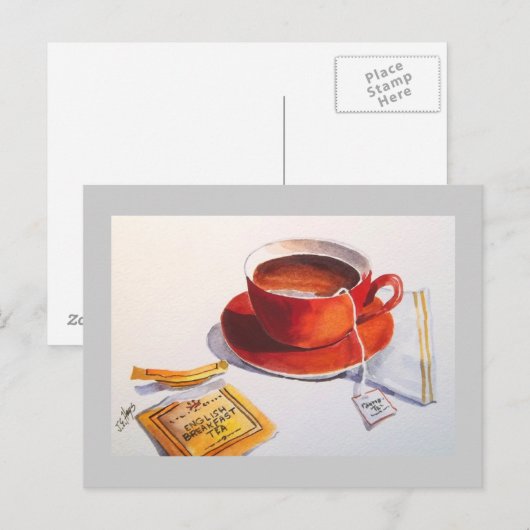 Rode Teacup met Teabag Briefkaart (Voorkant / Achterkant)