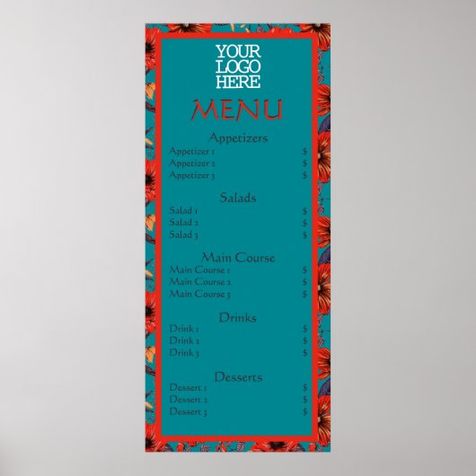 Rode Teal Bloemstuk Cafe Restaurant Menu Poster (Voorkant)