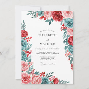 Rode Teal Elegante Botanische Bruiloft Kaart