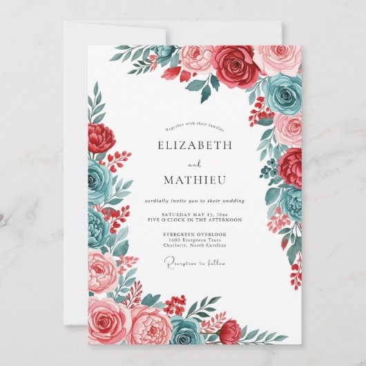 Rode Teal Elegante Botanische Bruiloft Kaart (Voorkant)
