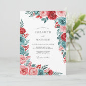 Rode Teal Elegante Botanische Bruiloft Kaart (Staand voorkant)