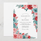 Rode Teal Elegante Botanische Bruiloft Kaart (Voorkant / Achterkant)