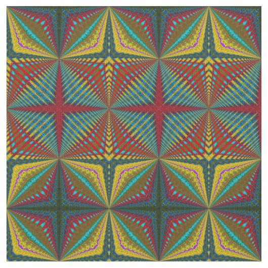 Rode Teal Gele Moderne Etnische Textiel Stamprint Stof (Close Up)