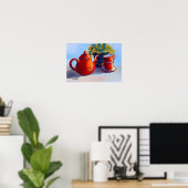 Rode Teapot en Teacups Poster (Thuiskantoor)