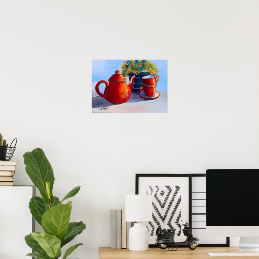 Rode Teapot en Teacups Poster (Thuiskantoor)