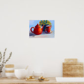 Rode Teapot en Teacups Poster (Keuken)
