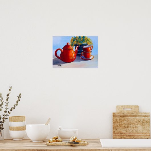 Rode Teapot en Teacups Poster (Keuken)